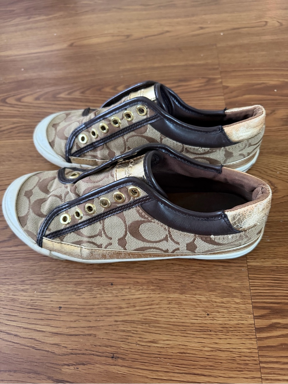 Coach Tan Signature Canvas Low Top Sneakers with Dark Brown Trim